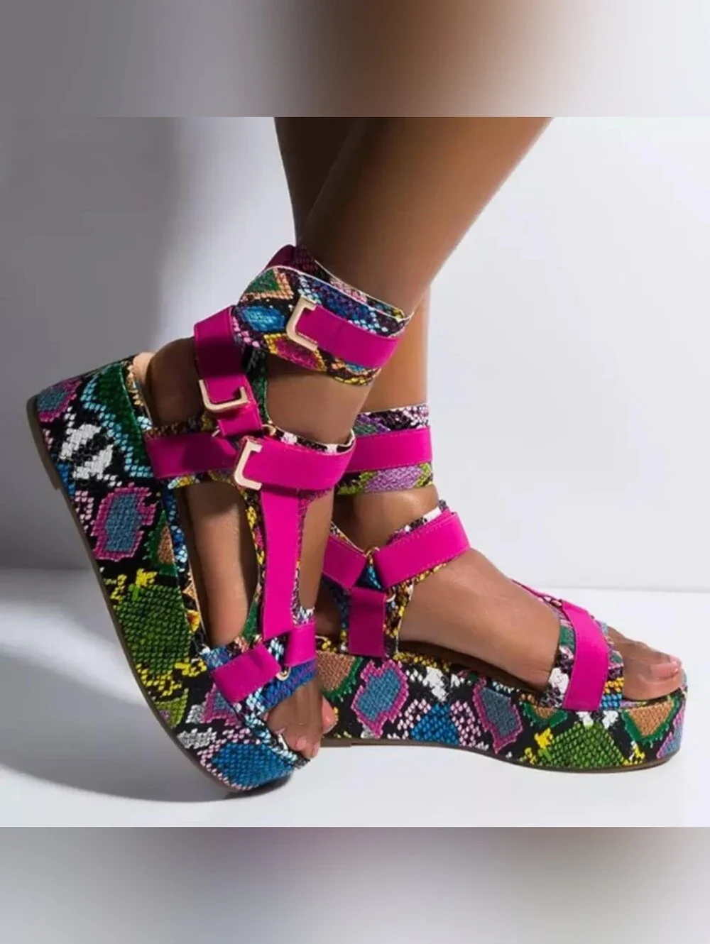 Bright Pink Multicolor Platform Sandals - Women